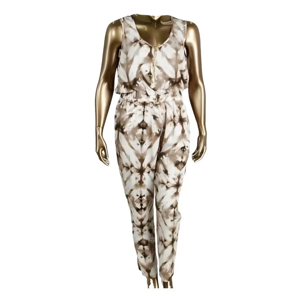 Calvin Klein Brown and White Tie-Dye Jumpsuit, women’s half zip with gold zipper
